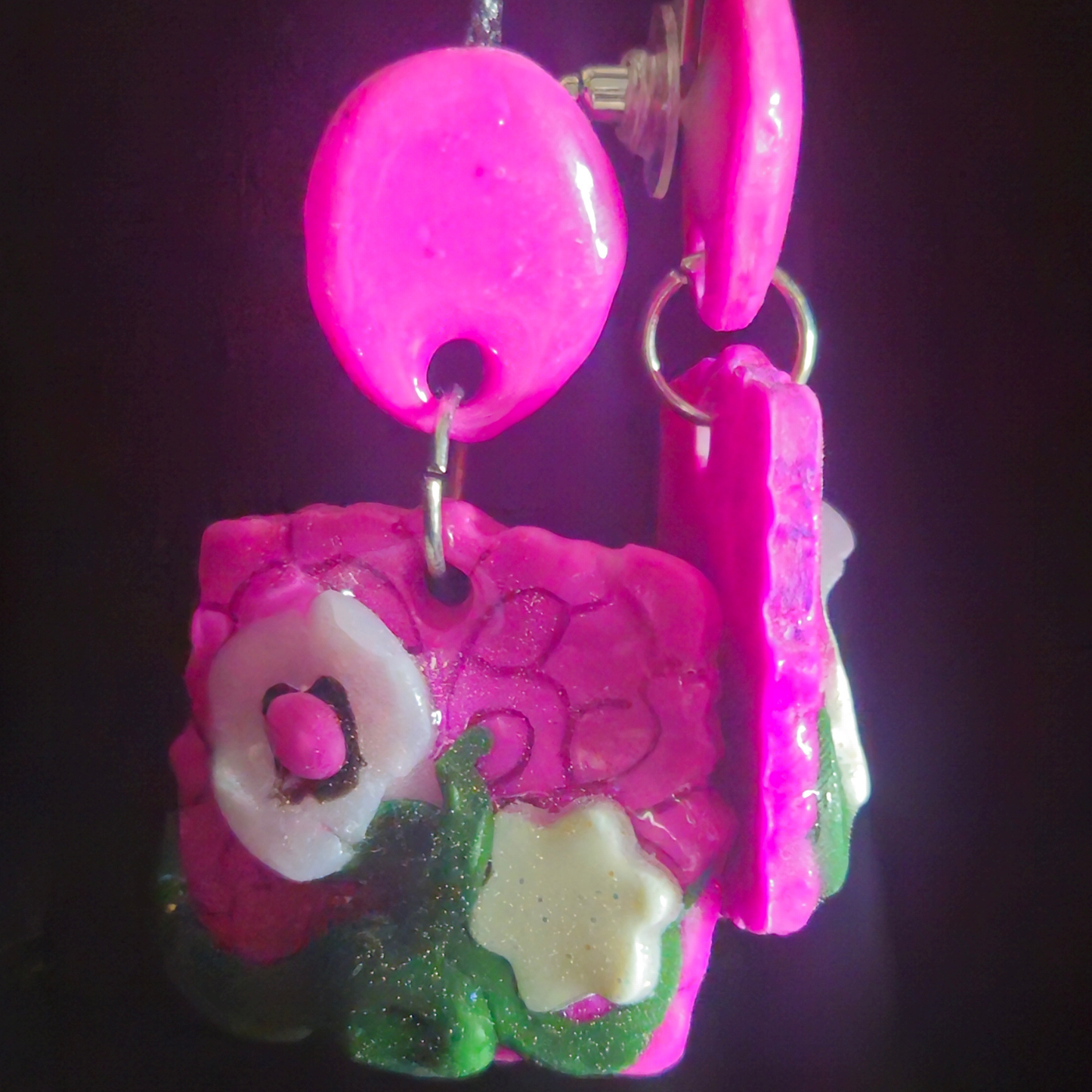 Hot Pink Bubble Square & White Flower Green Leaf Resin Earrings