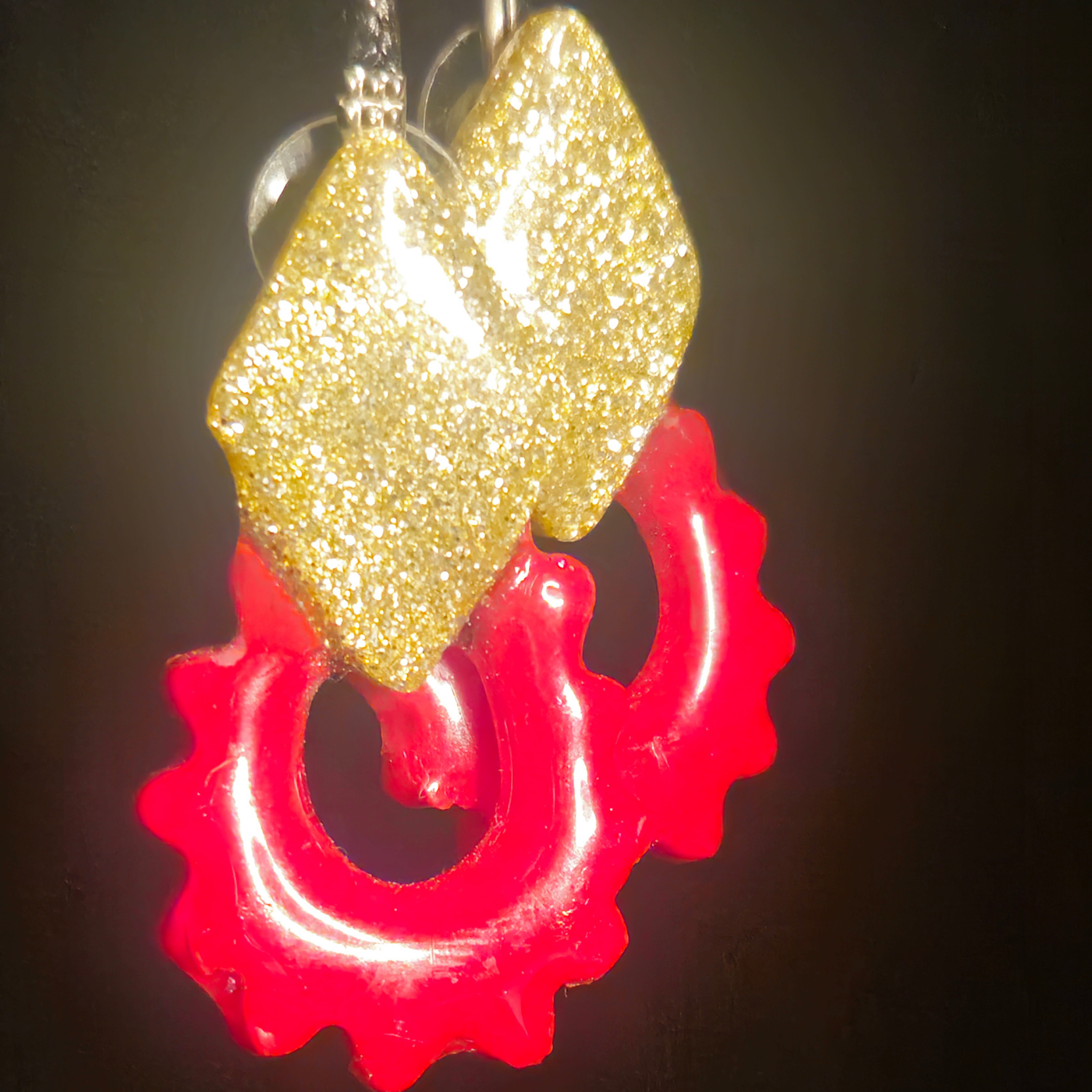 Gold Chunky Glitter Diamond Stud & Red Open Gear Cog Resin Earrings