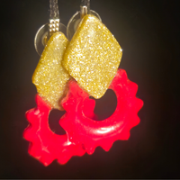 Gold Chunky Glitter Diamond Stud & Red Open Gear Cog Resin Earrings