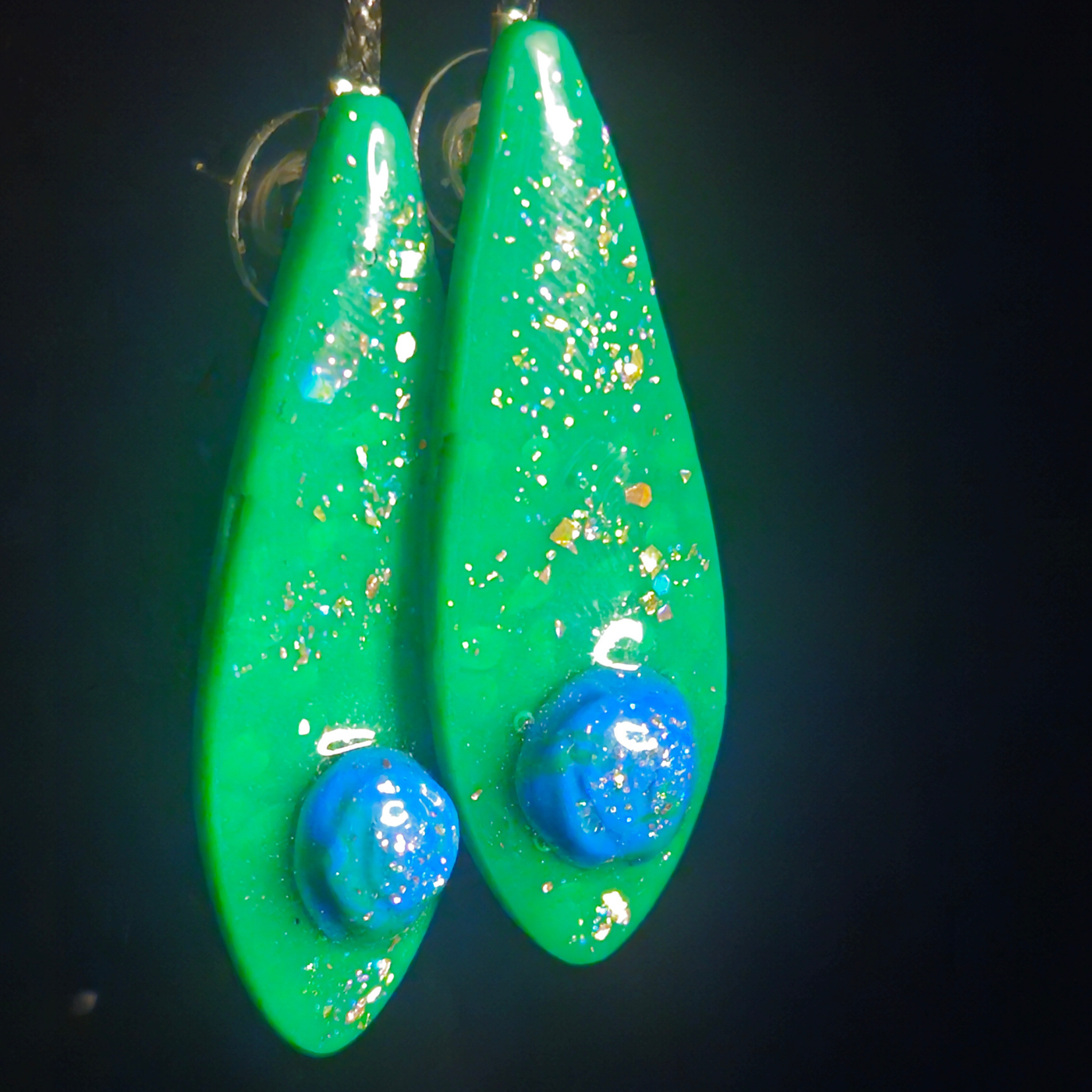 Neon Green & Gold Foil Elongated Teardrop with Blue Glitter Bubble Resin Earrings