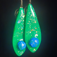 Neon Green & Gold Foil Elongated Teardrop with Blue Glitter Bubble Resin Earrings