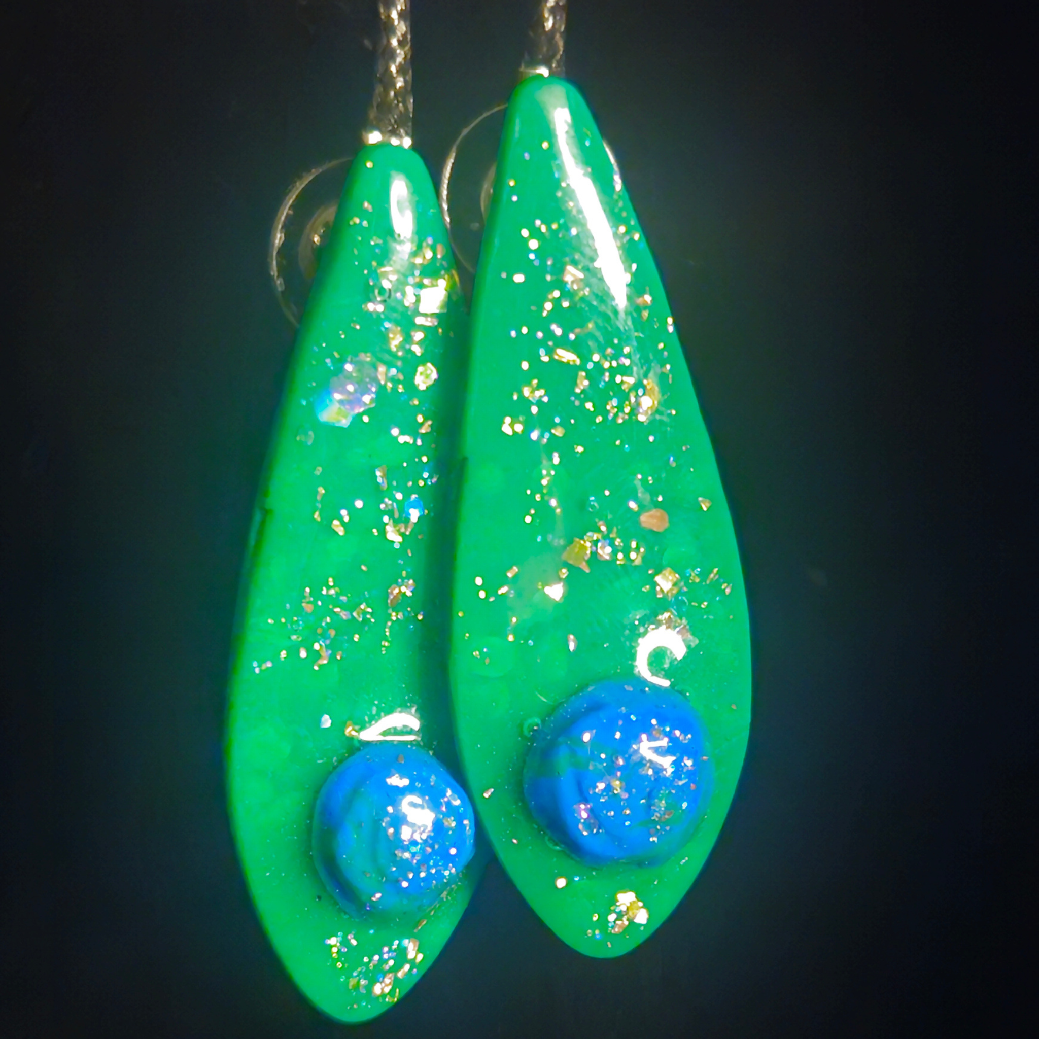 Neon Green & Gold Foil Elongated Teardrop with Blue Glitter Bubble Resin Earrings