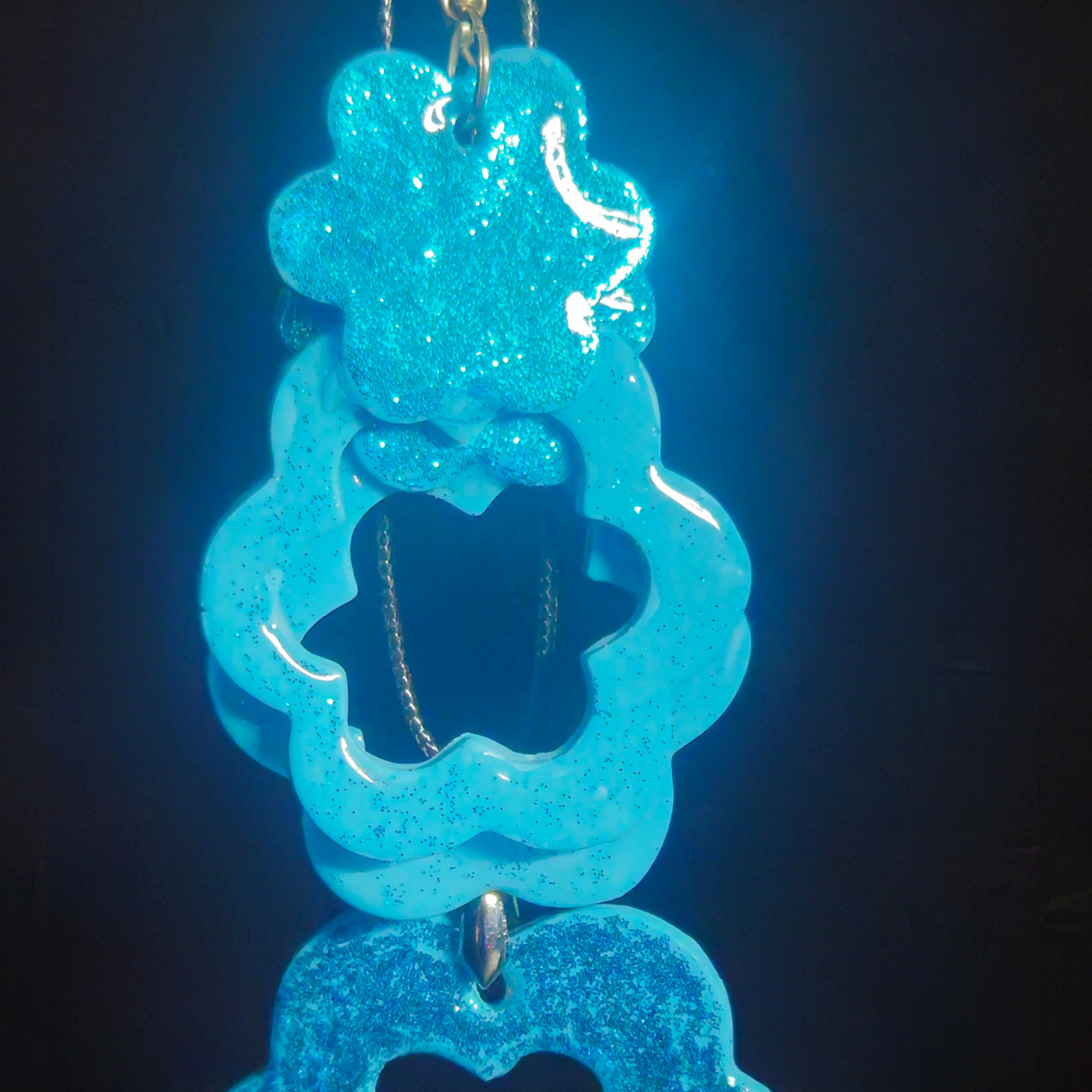 Electric Blue Glitter Solid Flower Stud & Open Flower Drop Resin Earring & Necklace Set