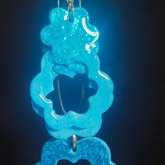 Electric Blue Glitter Solid Flower Stud & Open Flower Drop Resin Earring & Necklace Set