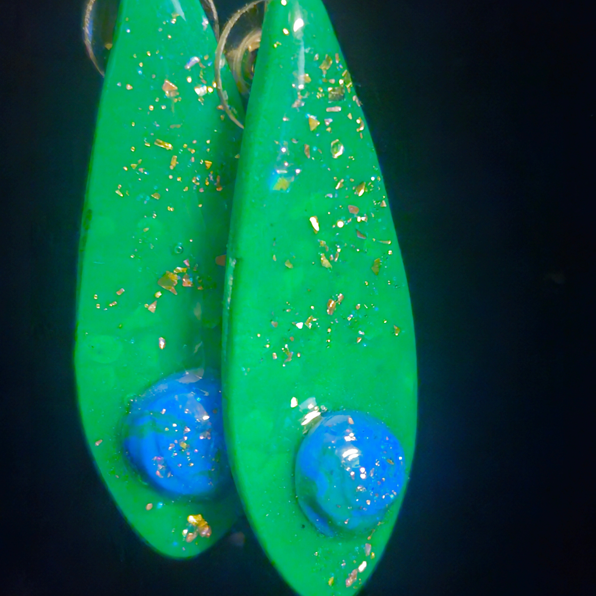 Neon Green & Gold Foil Elongated Teardrop with Blue Glitter Bubble Resin Earrings