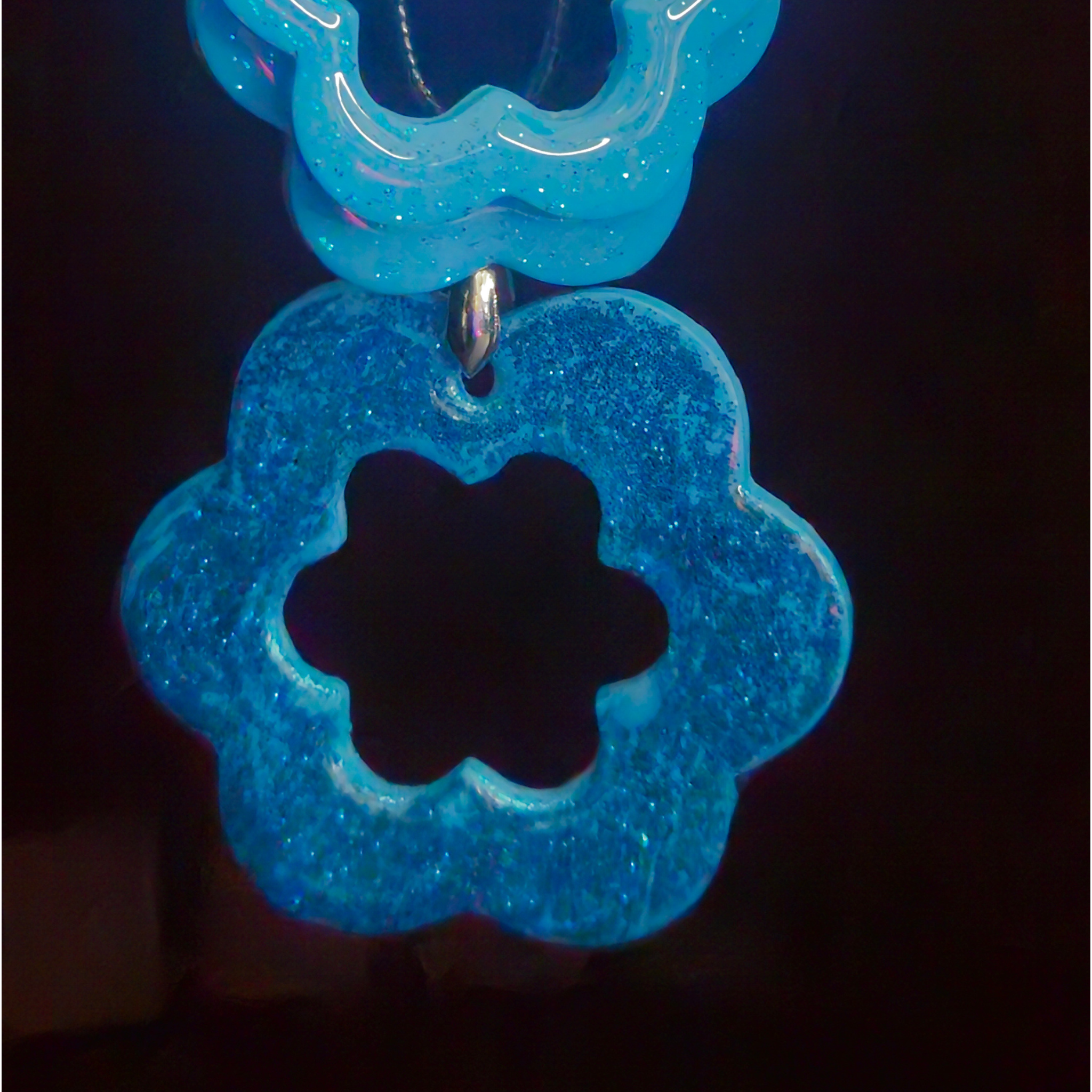 Electric Blue Glitter Solid Flower Stud & Open Flower Drop Resin Earring & Necklace Set