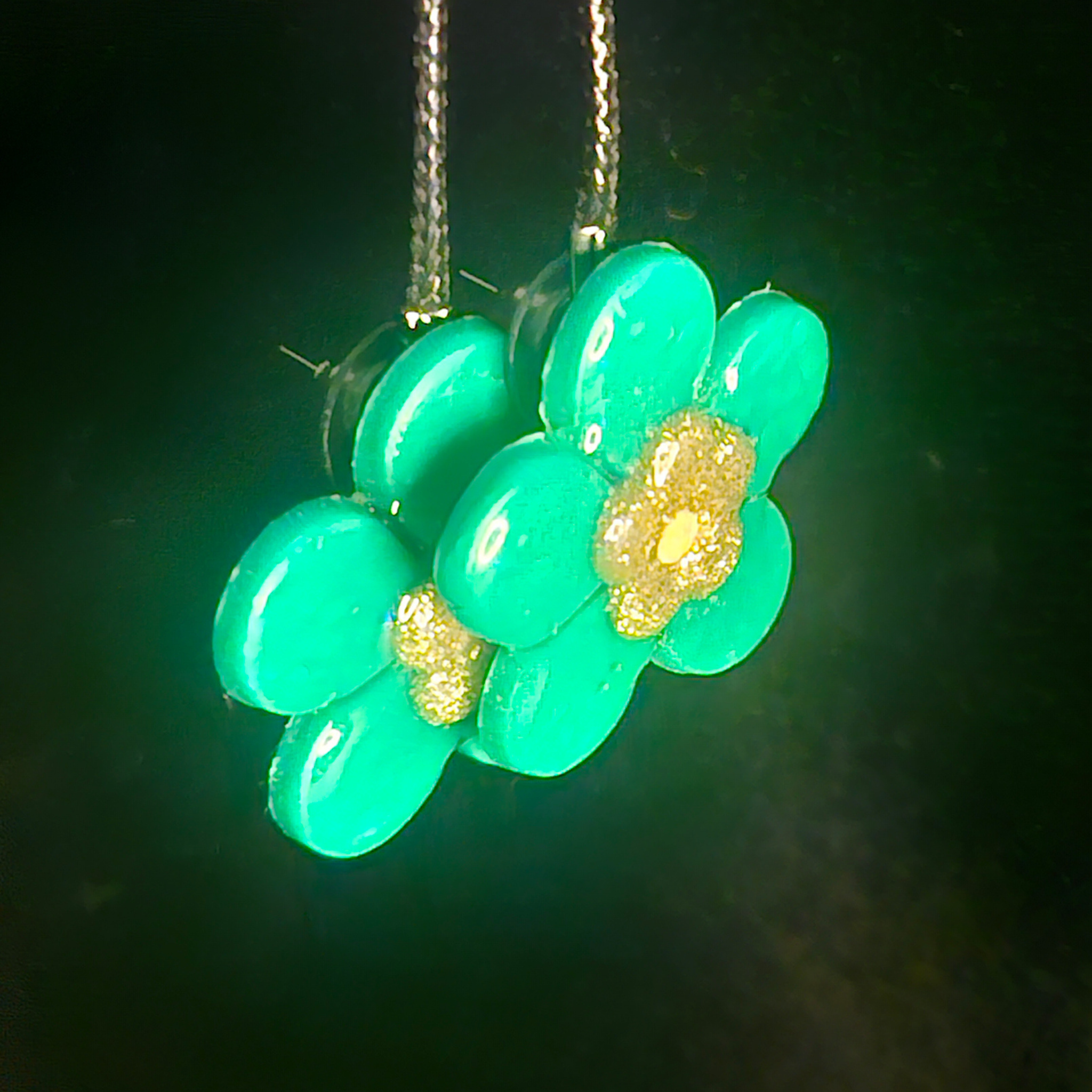 Mint Green Bubble Flower Resin Dangle Earrings with Gold Glitter Center