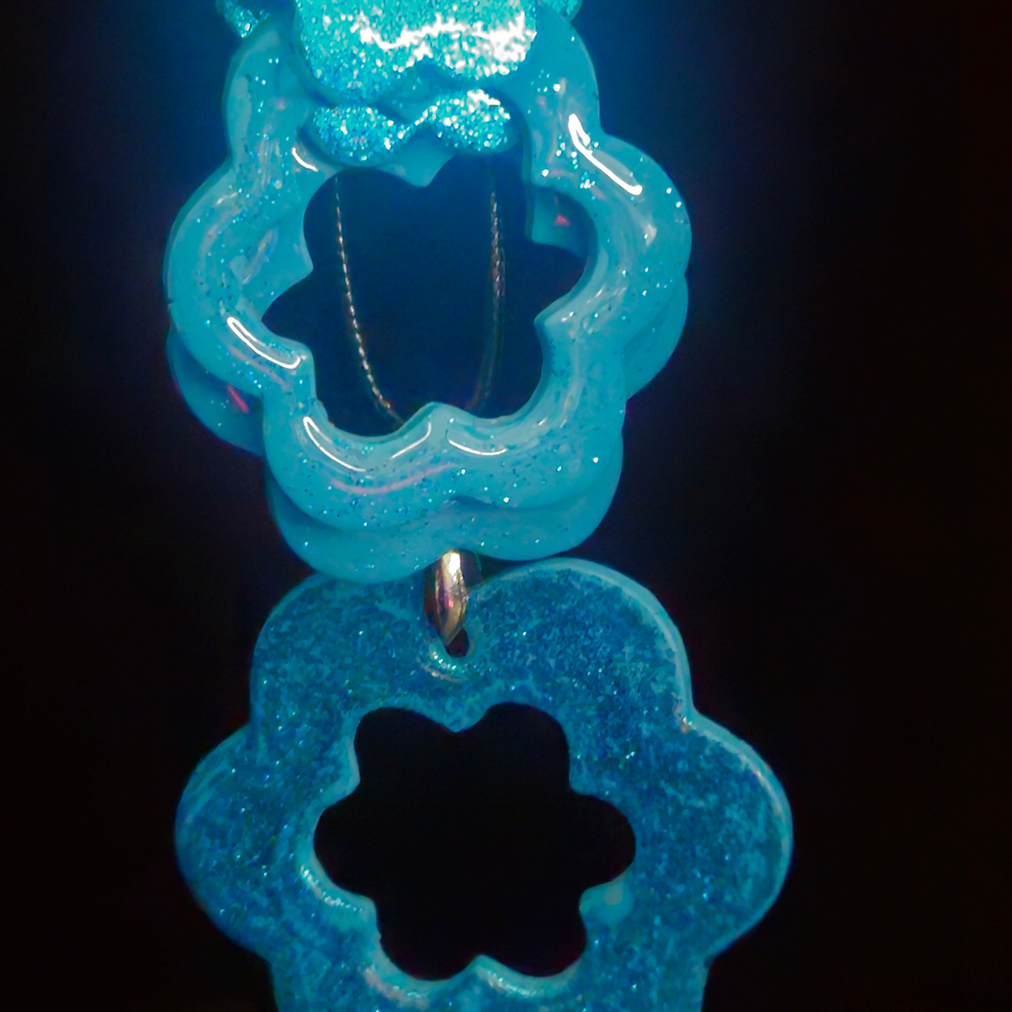 Electric Blue Glitter Solid Flower Stud & Open Flower Drop Resin Earring & Necklace Set