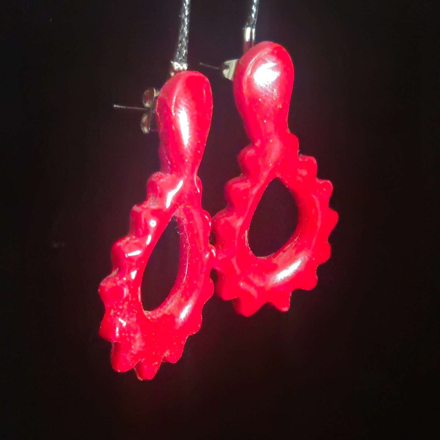 Cherry Red Open Gear Cog Resin Earrings