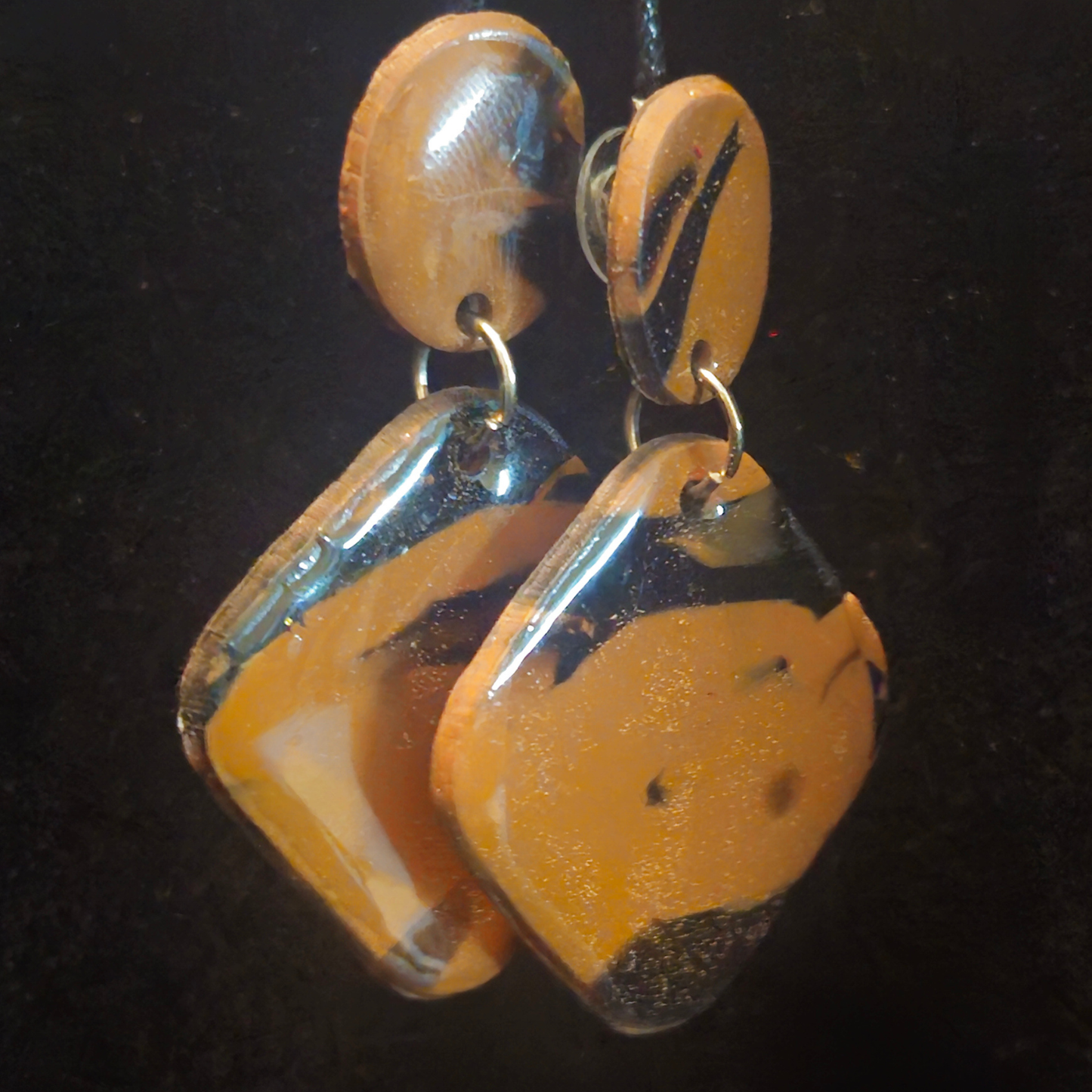 Amber & Black Tiger Stripe Oval Stud & Square Resin Earrings