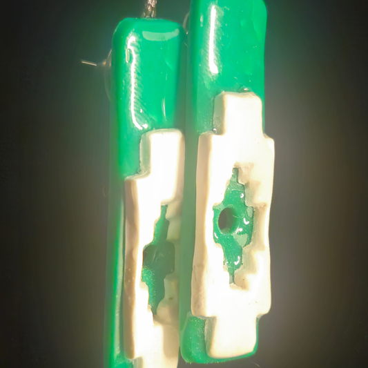 Green & Cream Aztec-Inspired Resin Bar Dangle Earrings