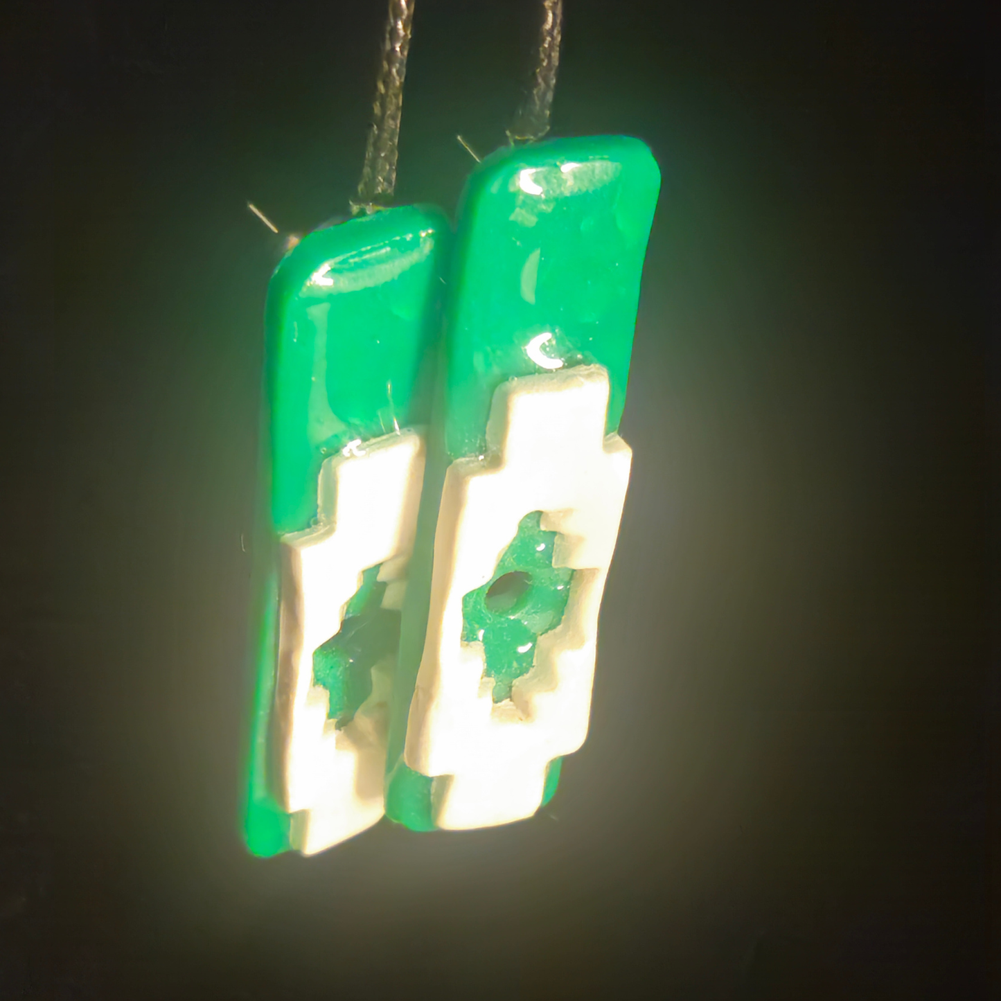 Green & Cream Aztec-Inspired Resin Bar Dangle Earrings