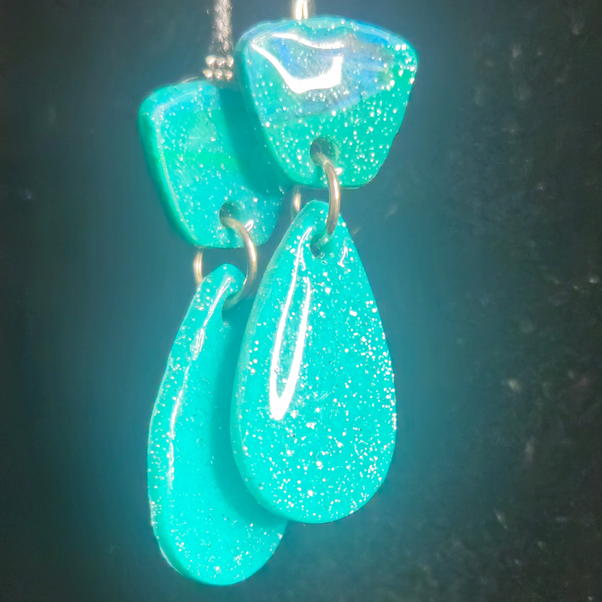 Teal Glitter Organic Chunk Stud & Teardrop Resin Earrings