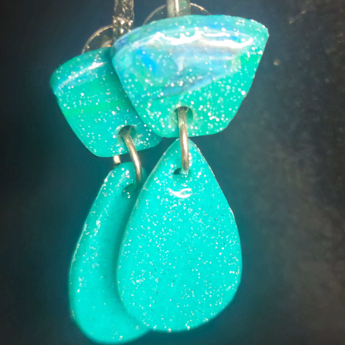 Teal Glitter Organic Chunk Stud & Teardrop Resin Earrings