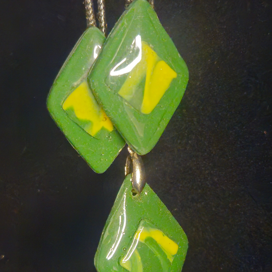 Green Glitter & Yellow Abstract Diamond Resin Earring & Necklace Set