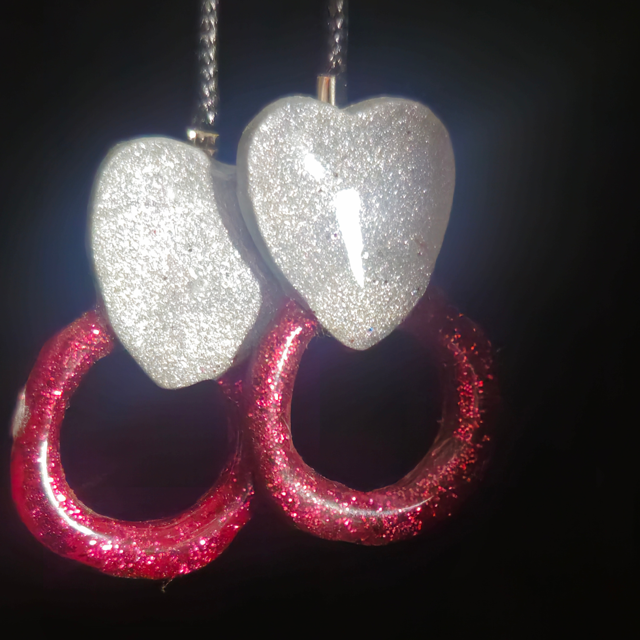 White Chunky Glitter Heart & Red Glitter Open Circle Resin Earrings