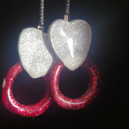 White Chunky Glitter Heart & Red Glitter Open Circle Resin Earrings