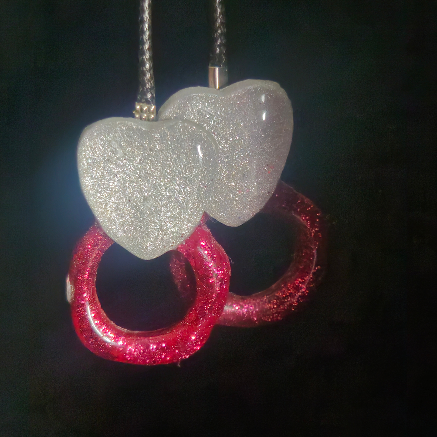 White Chunky Glitter Heart & Red Glitter Open Circle Resin Earrings