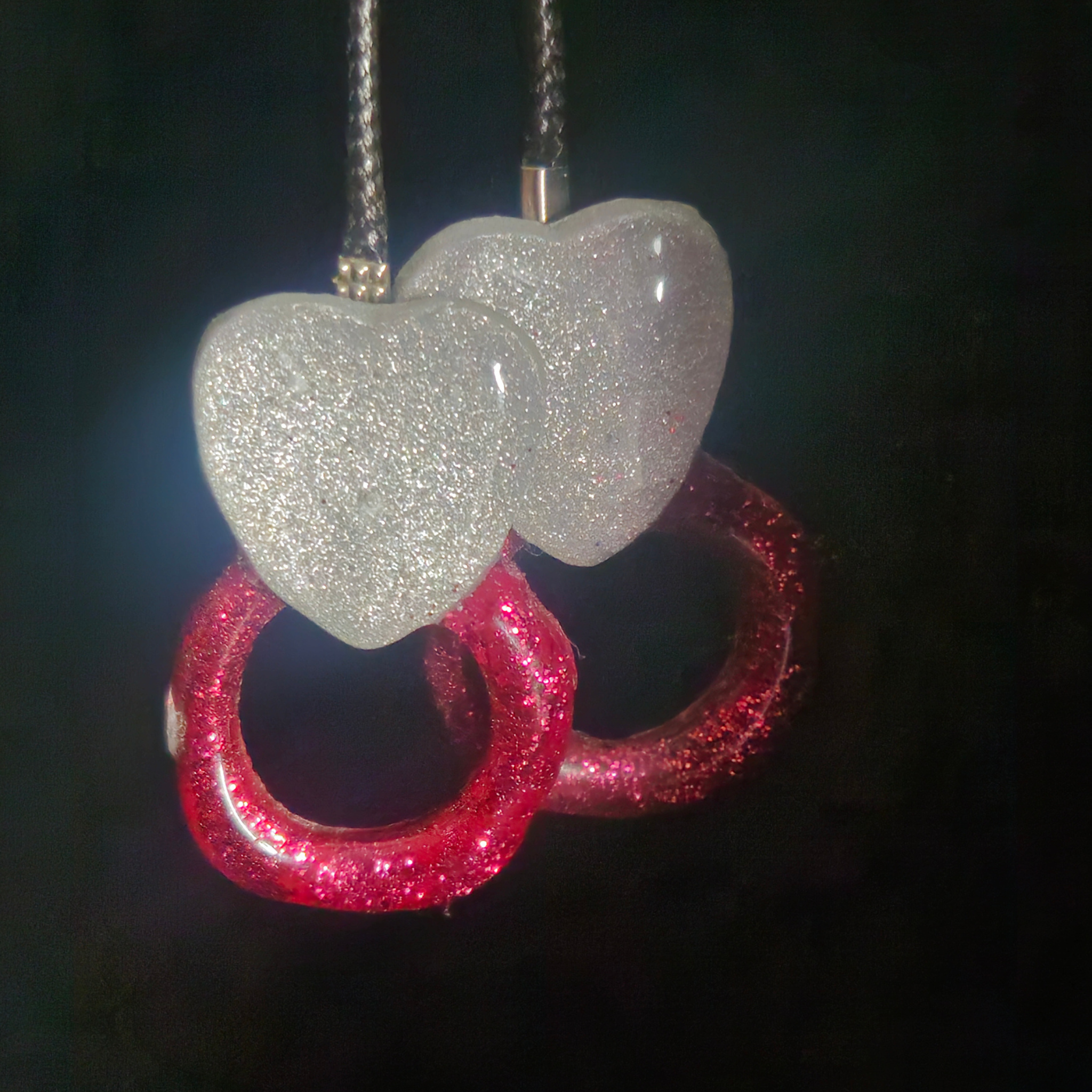 White Chunky Glitter Heart & Red Glitter Open Circle Resin Earrings