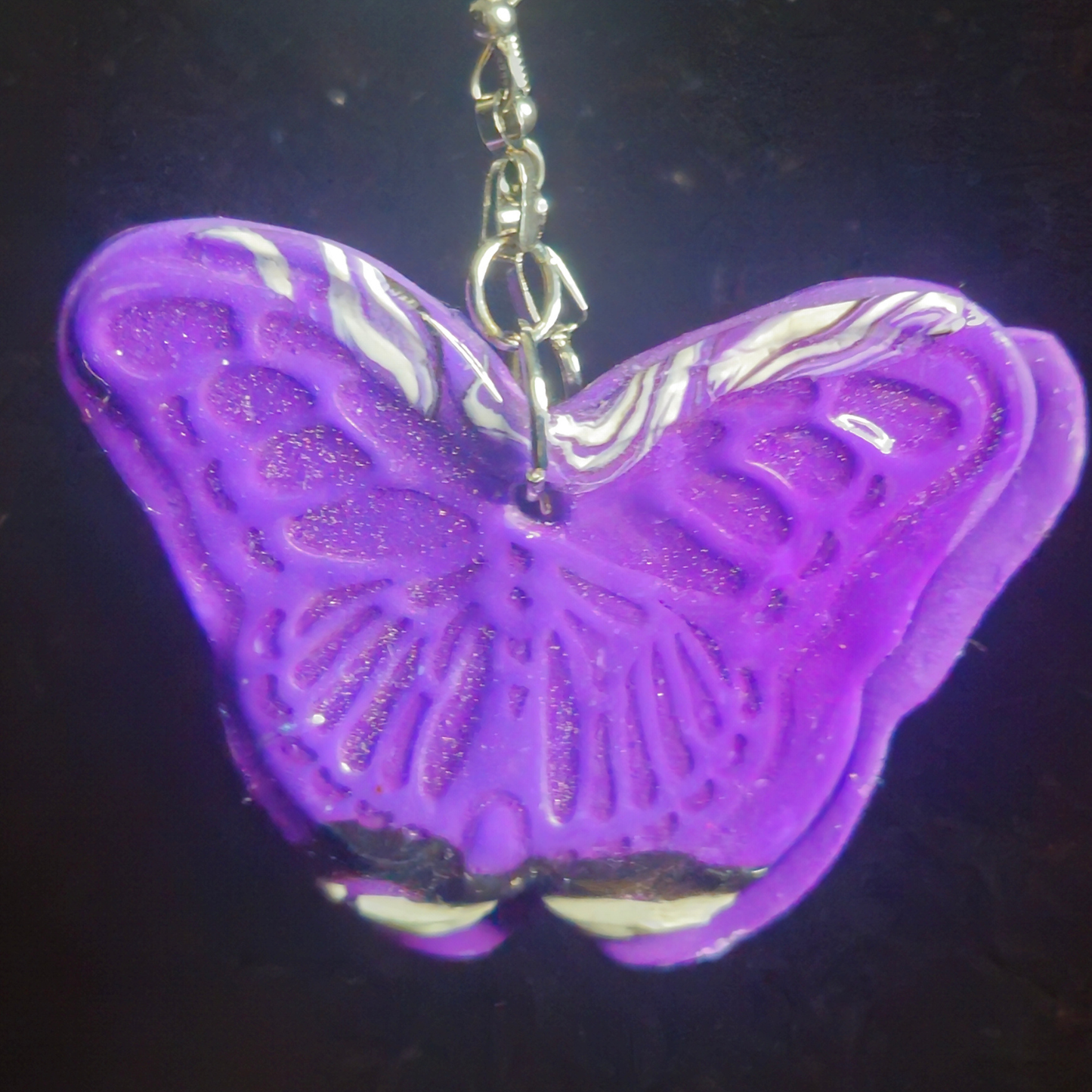 Purple & White Swirl Carved Butterfly Resin Dangle Earrings