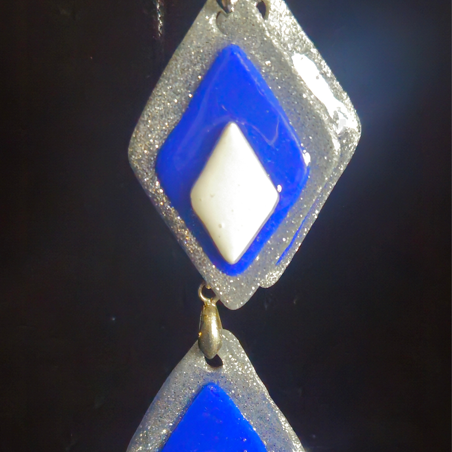 Silver Glitter, Royal Blue & Cream Layered Diamond Resin Earring & Necklace Set