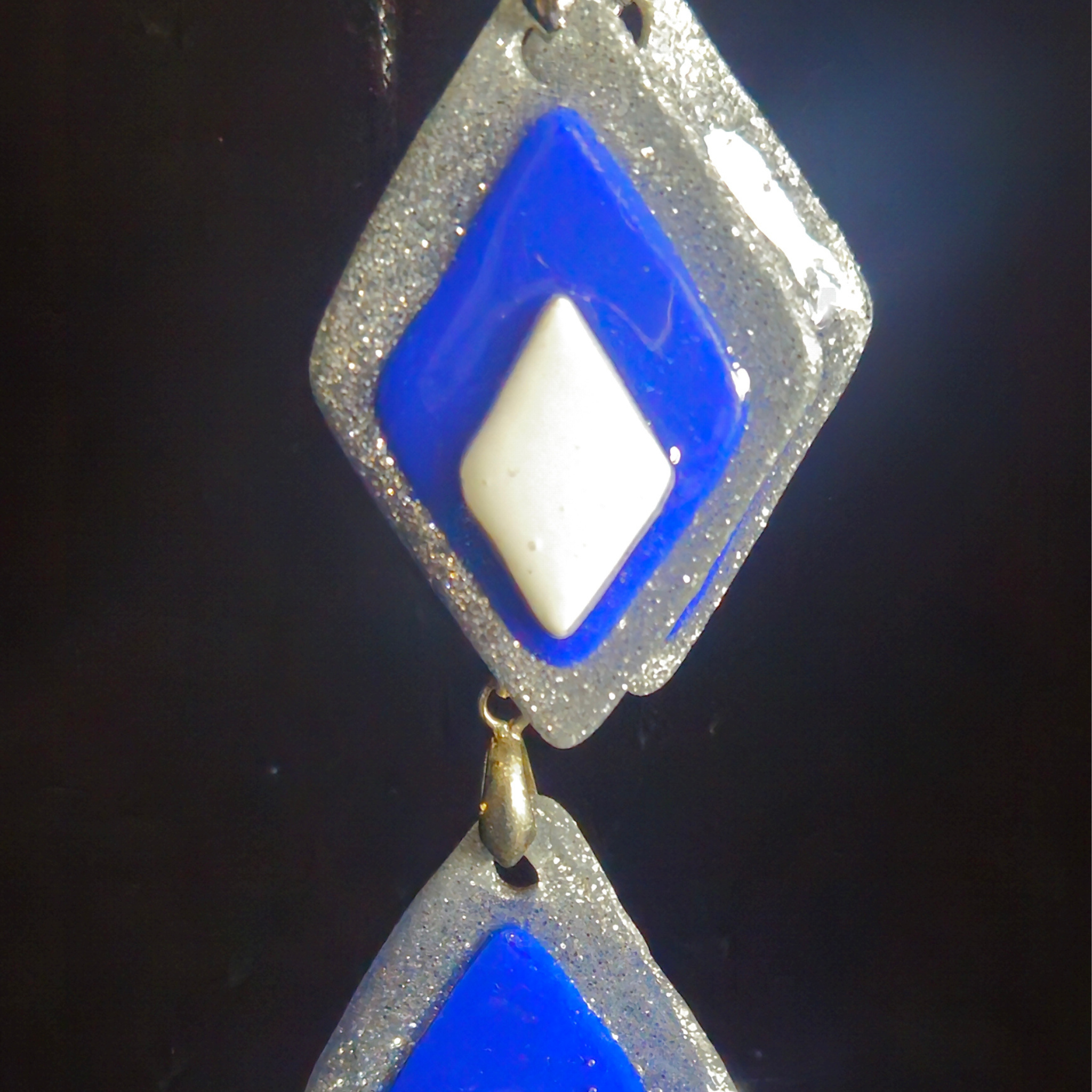 Silver Glitter, Royal Blue & Cream Layered Diamond Resin Earring & Necklace Set