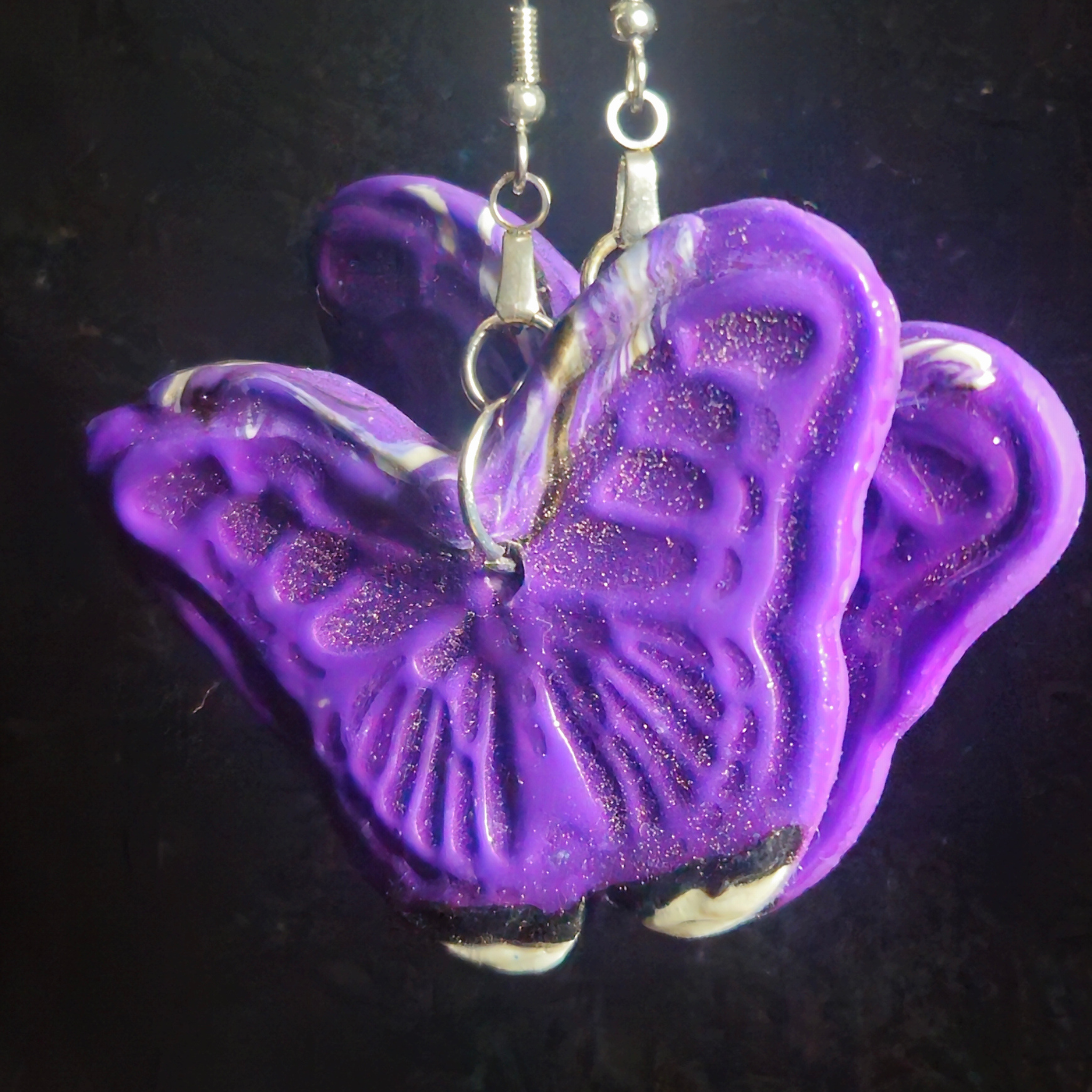 Purple & White Swirl Carved Butterfly Resin Dangle Earrings