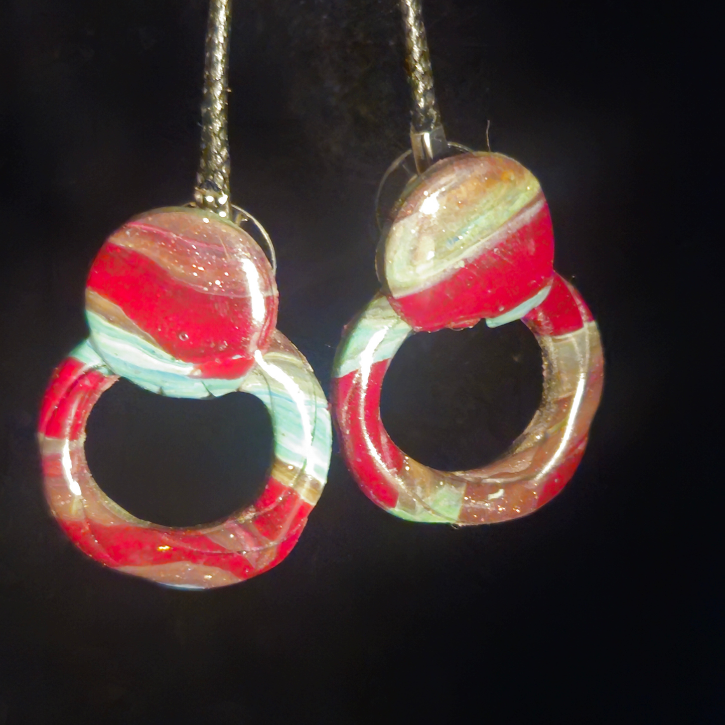 Red, Mint & Gold Glitter Twisted Pretzel Knot Resin Earrings