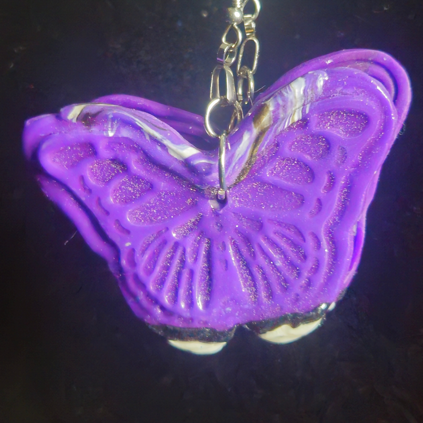 Purple & White Swirl Carved Butterfly Resin Dangle Earrings