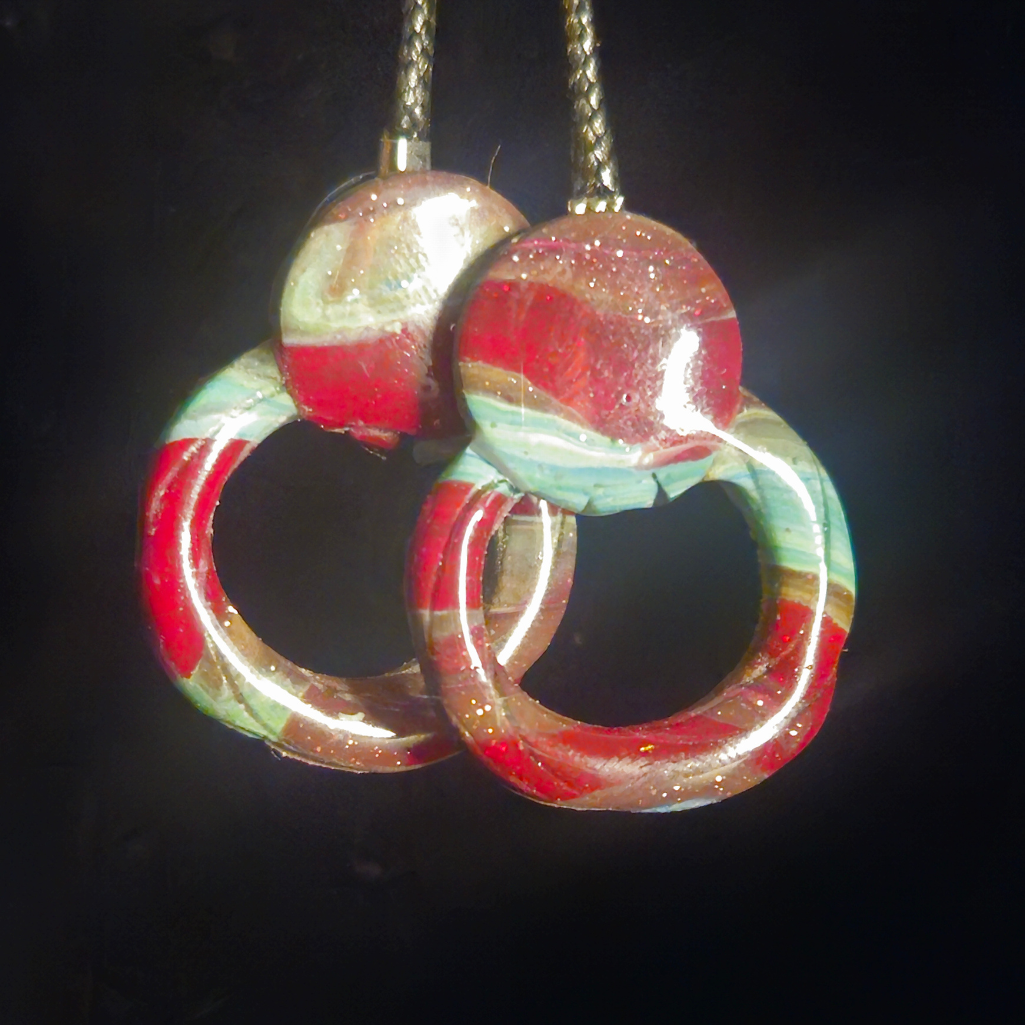 Red, Mint & Gold Glitter Twisted Pretzel Knot Resin Earrings