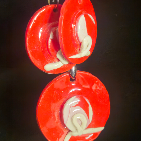 Red & Cream White Swirl Double Circle Resin Earring & Necklace Set