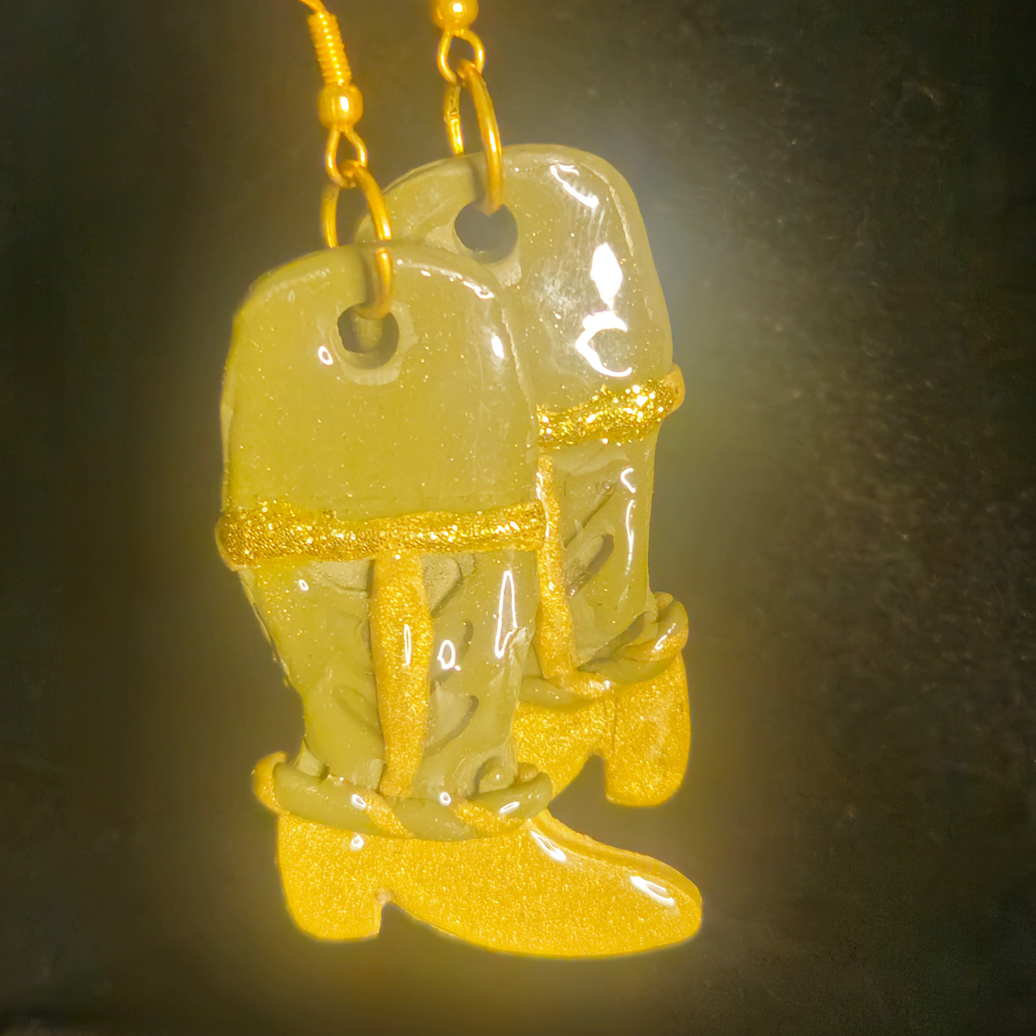 Gold Glitter Cowboy Hat & Boot Resin Charm Dangle Earrings