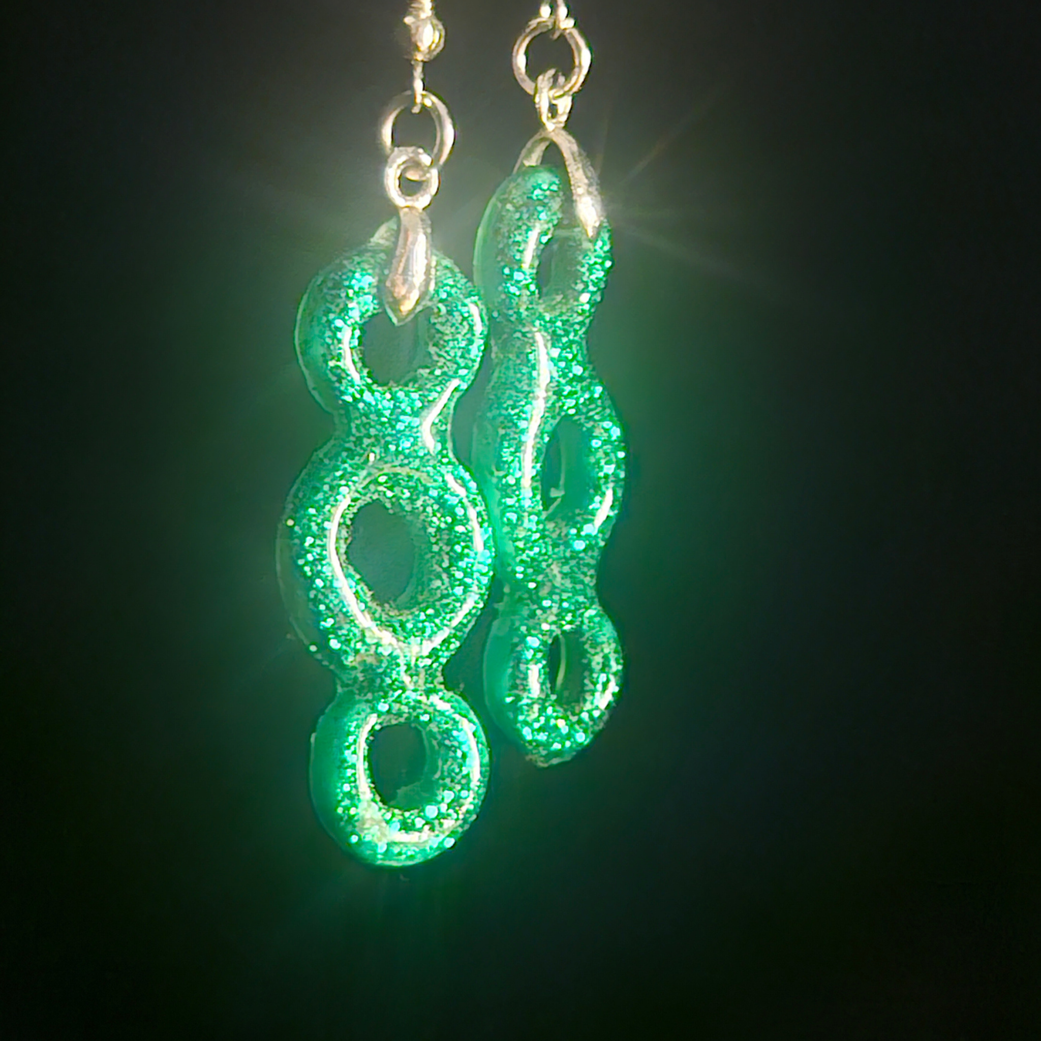 Emerald Green Glitter Linked Bubble Chain Resin Dangle Earrings