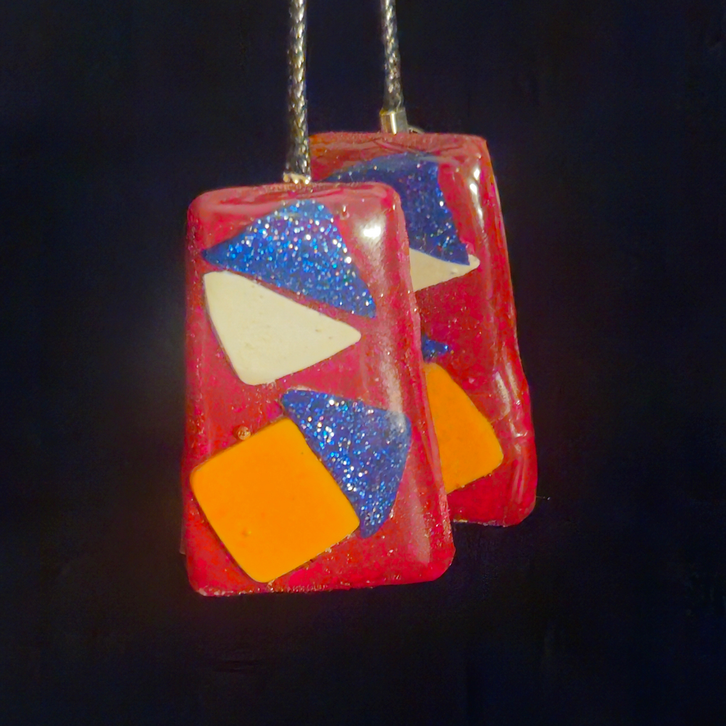 Red, Blue Glitter & Yellow Geometric Color Block Resin Earrings