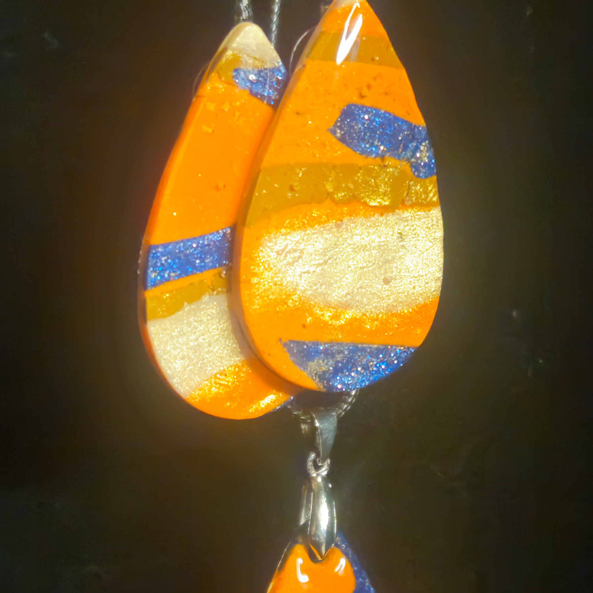 Orange & Blue Glitter Swirl Teardrop Resin Earring & Necklace Set