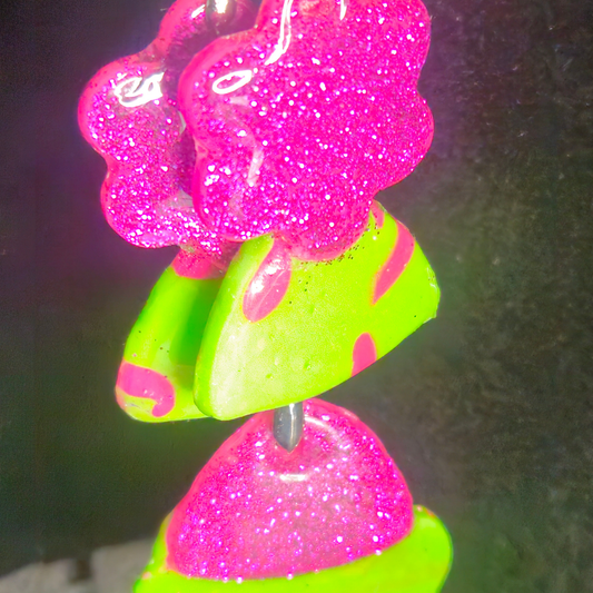 Hot Pink Glitter Open Flower & Neon Green Hot Pink Swirl Triangle Resin Earring & Necklace Set