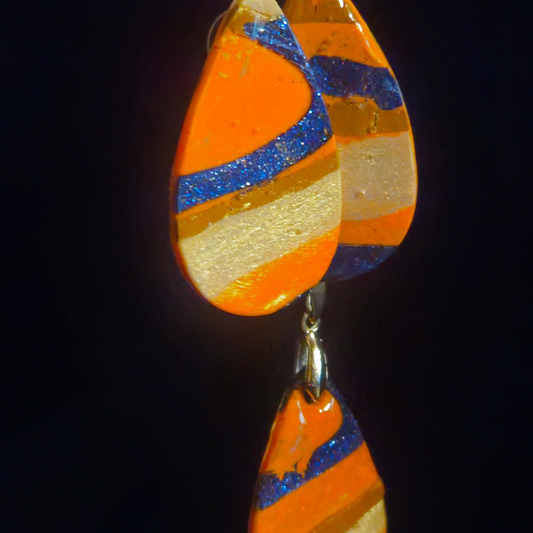Orange & Blue Glitter Swirl Teardrop Resin Earring & Necklace Set