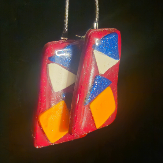 Red, Blue Glitter & Yellow Geometric Color Block Resin Earrings
