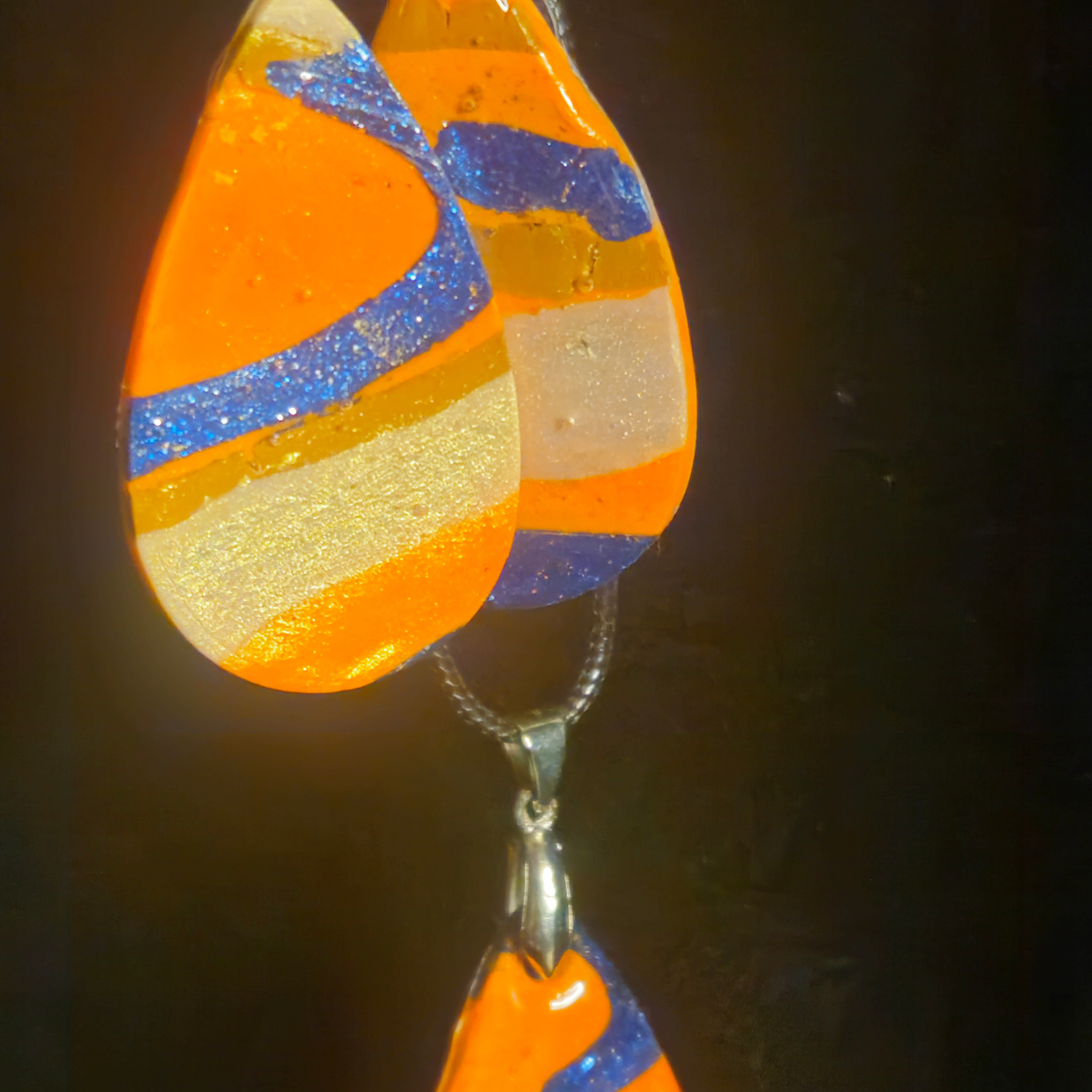 Orange & Blue Glitter Swirl Teardrop Resin Earring & Necklace Set