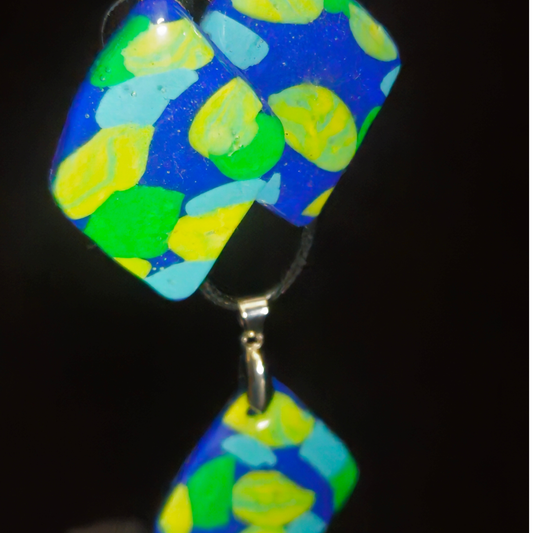 Royal Blue & Multicolor Confetti Spot Rectangle Resin Earring & Necklace Set