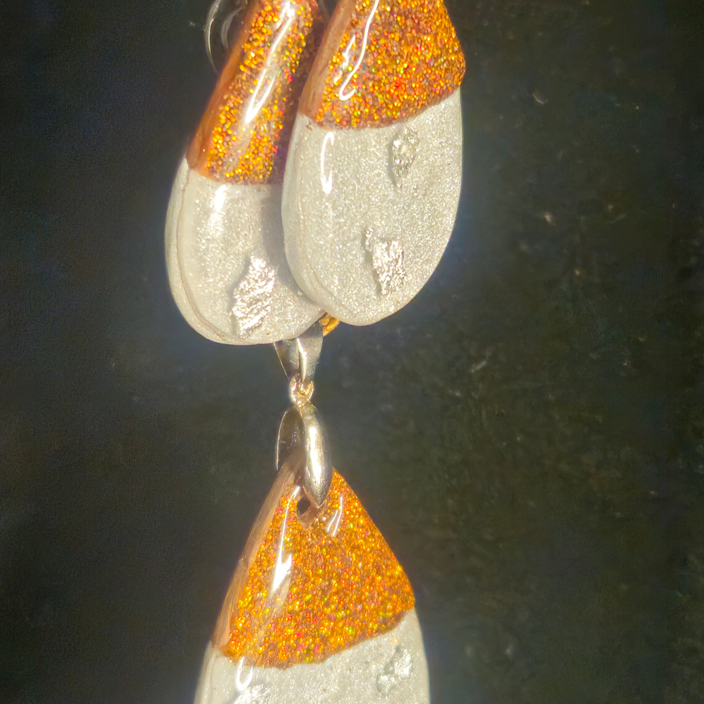 Orange Chunky Glitter & Silver Two-Tone Teardrop Resin Earring & Necklace Set
