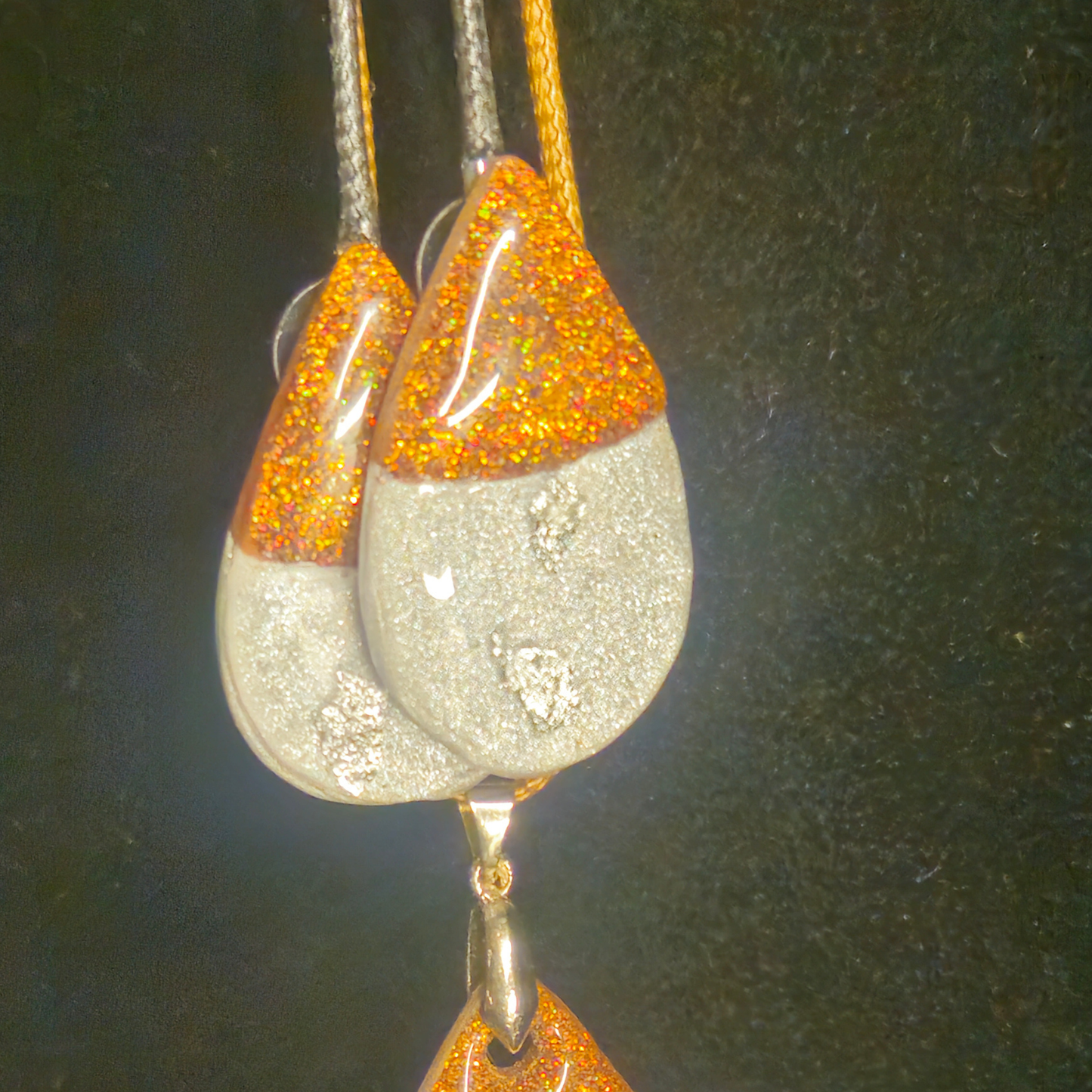 Orange Chunky Glitter & Silver Two-Tone Teardrop Resin Earring & Necklace Set