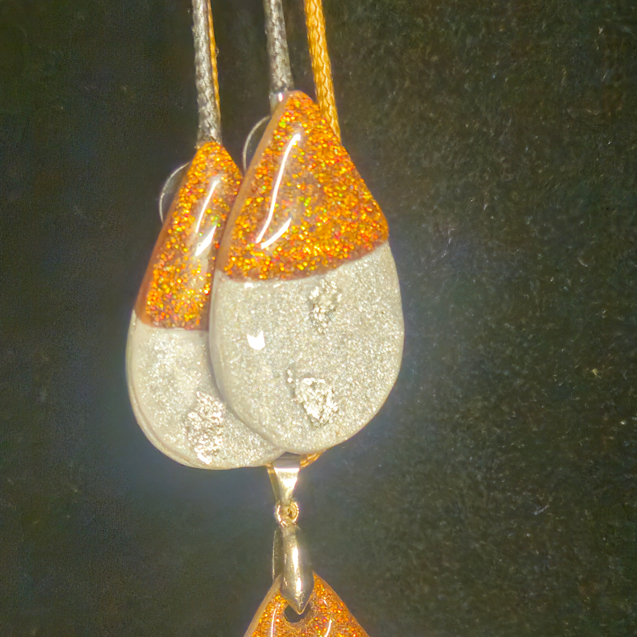 Orange Chunky Glitter & Silver Two-Tone Teardrop Resin Earring & Necklace Set
