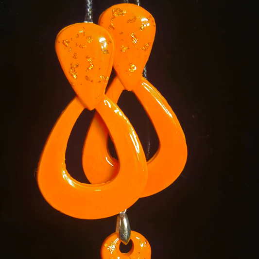 Solid Orange & Gold Foil Teardrop with Open Twisted Loop & Circle Drop Resin Earring & Necklace Set