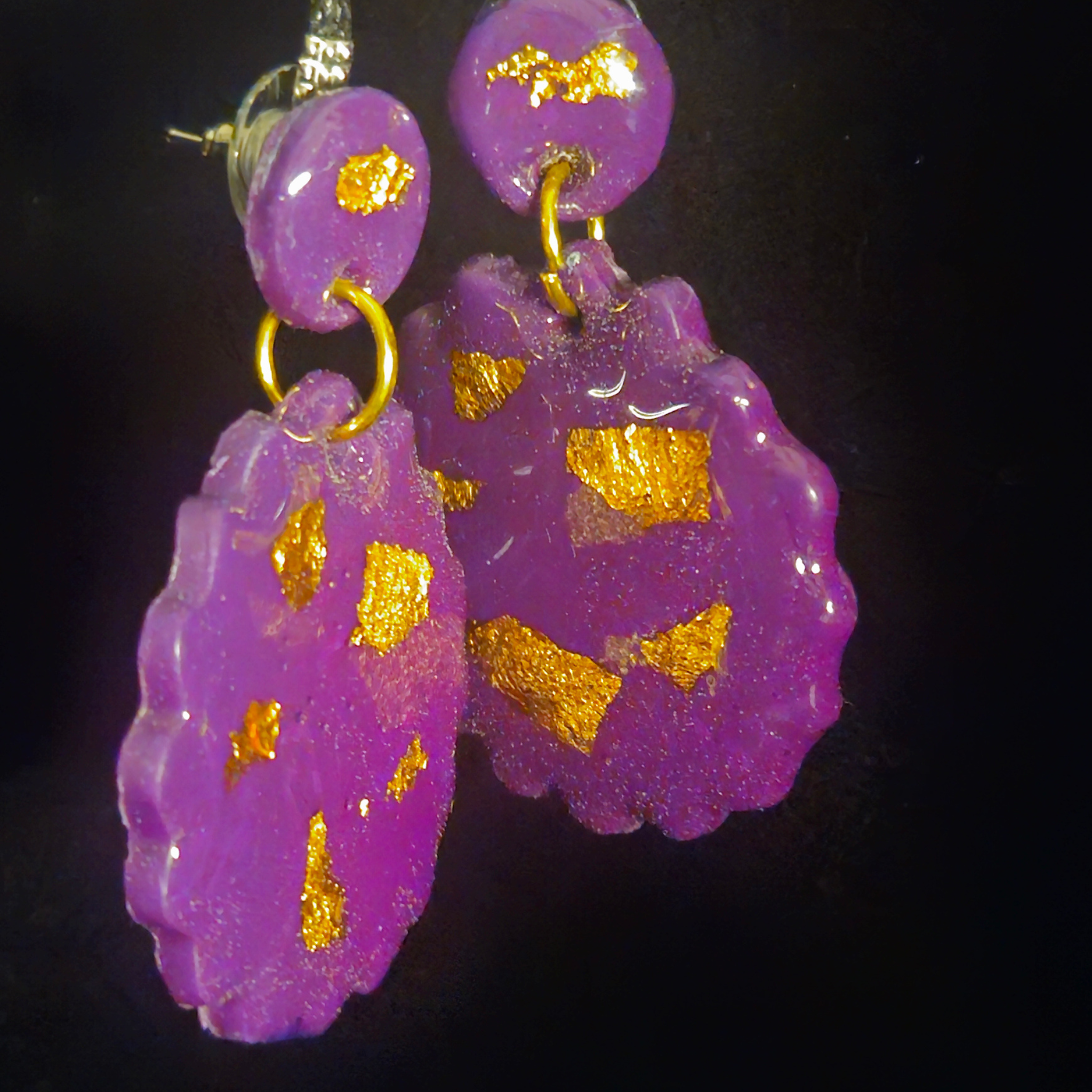 Lavender & Gold Foil Scalloped Circle Stud & Drop Resin Earrings