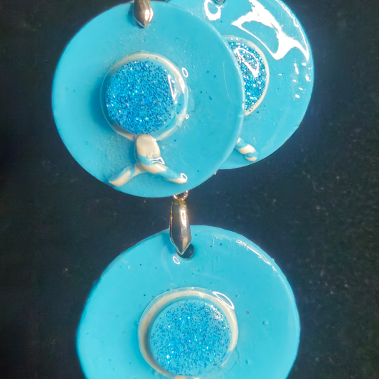 Sky Blue Circle with Raised Blue Glitter Center Stud & Matching Circle Drop Resin Dangle Earrings
