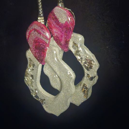 Hot Pink Glitter Teardrop & White Silver Gold Foil Wavy Open Frame Resin Earrings