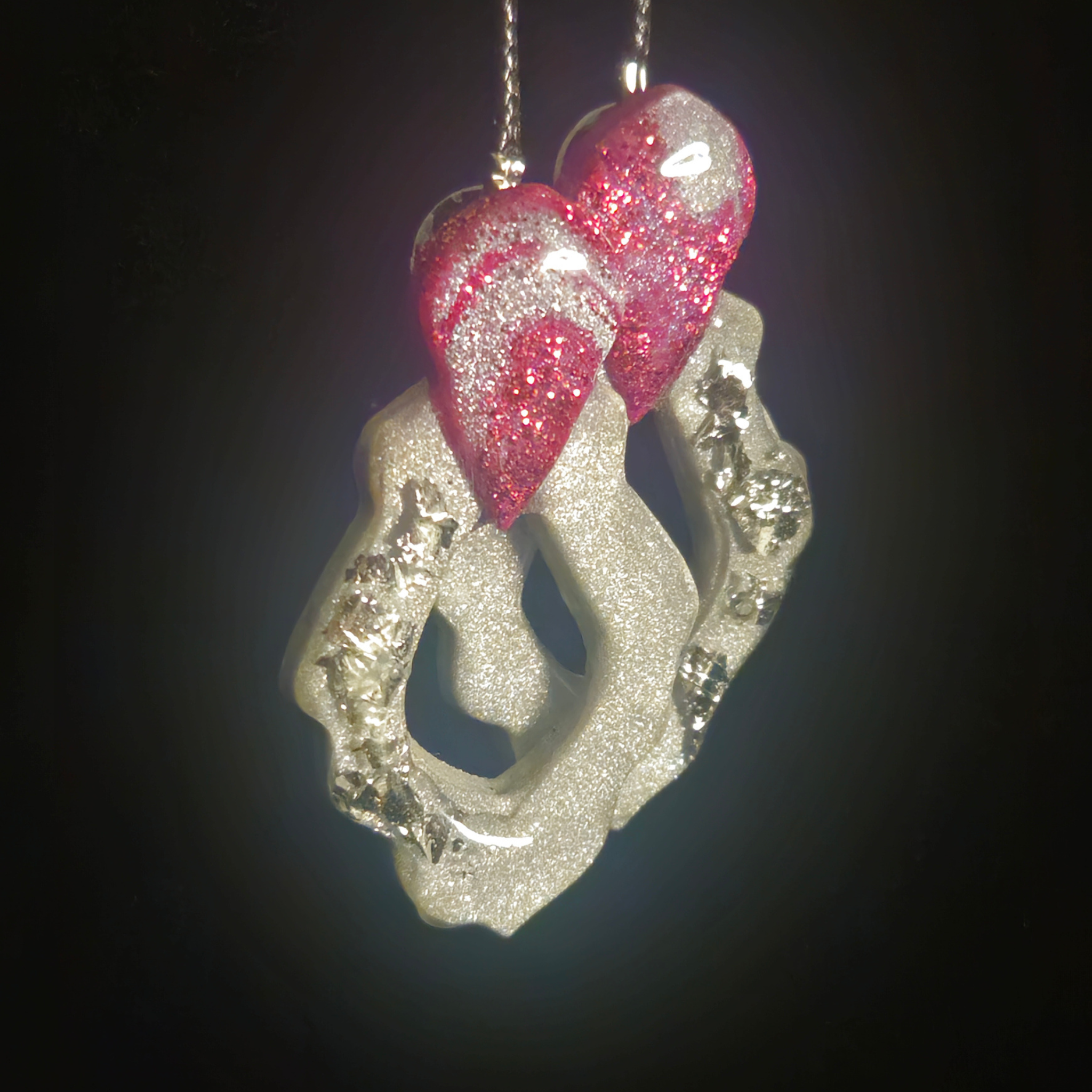 Hot Pink Glitter Teardrop & White Silver Gold Foil Wavy Open Frame Resin Earrings