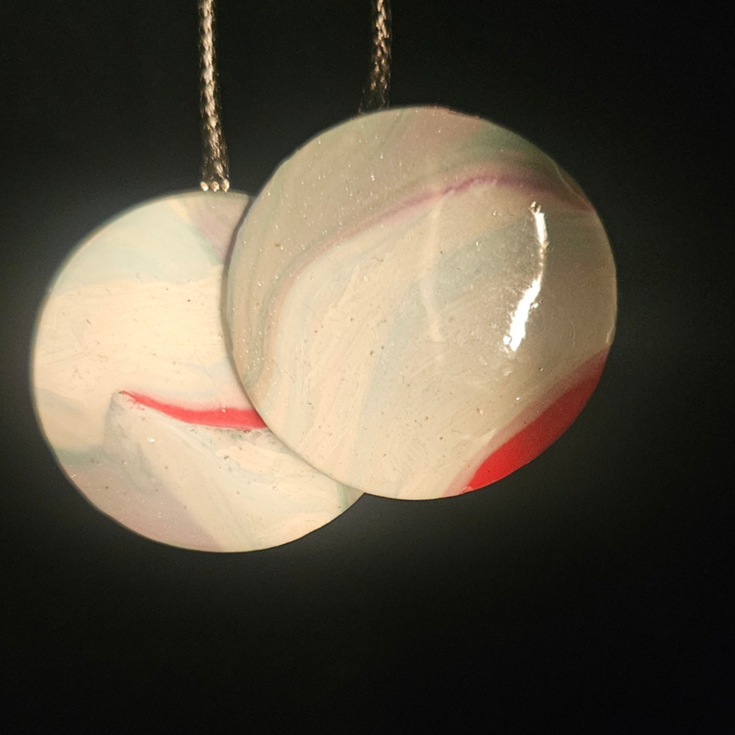 White & Red Marble Disc Resin Dangle Earrings