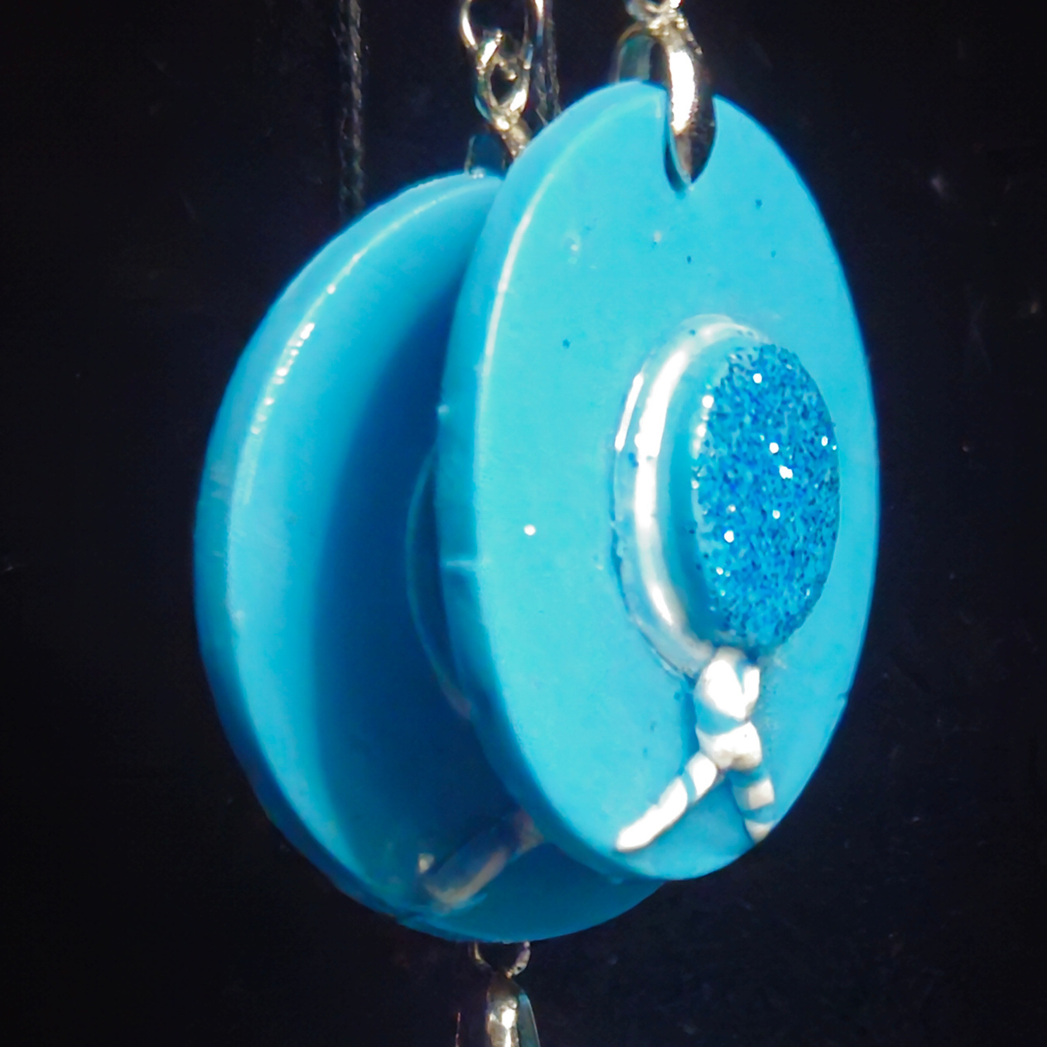Sky Blue Circle with Raised Blue Glitter Center Stud & Matching Circle Drop Resin Dangle Earrings